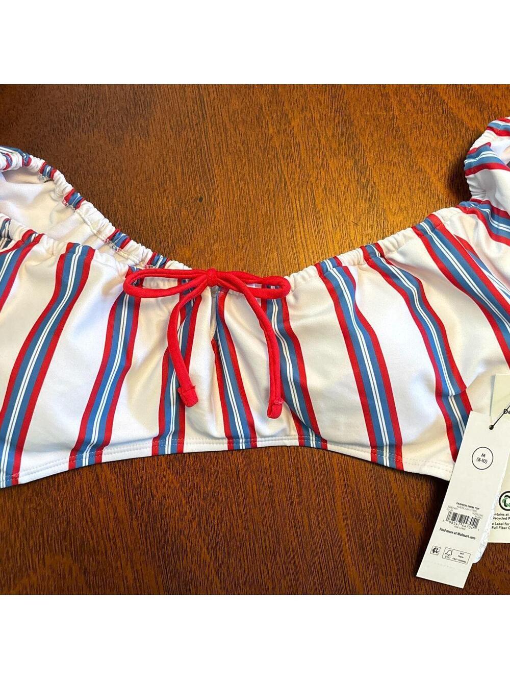 NWT Americana Stripe Puff-Sleeve Bikini Top, Size M 8–10